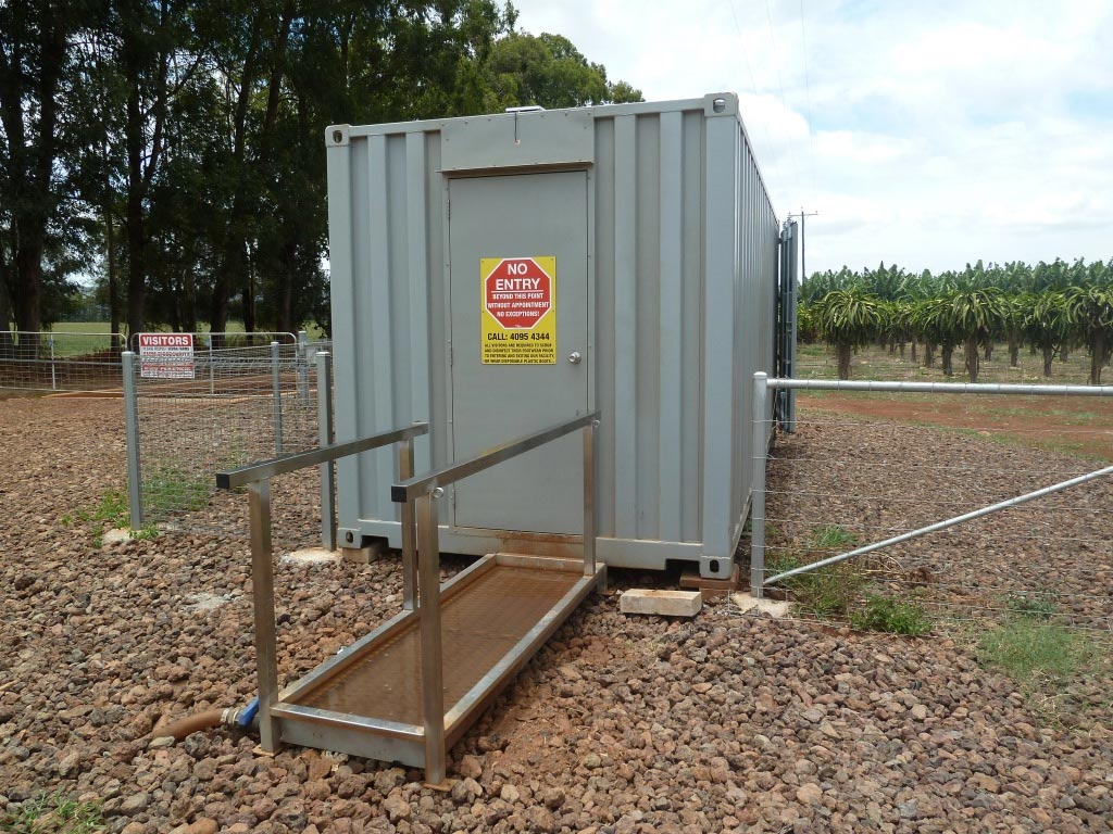 Footwear change facilities to ensure that only dedicated footwear are used on-farm. (Photo by J. Daniells, Queensland DAF)