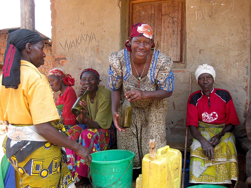 After fermentation, the beer is poured in jerrycans and ready for consumption. Many women participate in the value chain, as grower (in Uganda, DRC and Rwanda women in female-headed households produce more bunches than men), brewer and/or retailer. In Central Uganda, for example, two-thirds of the owners of rural bars interviewed by Anne Rietveld and her colleagues were women. The bar was often run from the homestead or near it, making it easier for women to combine their income-generating activity with raising young children. (Photo by Pascale Lepoint)