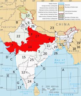 States (in red) where TR4 has been observed: 4-Bihar; 27-Uttar Pradesh; 14-Madhya Pradesh and 7-Gujarat.